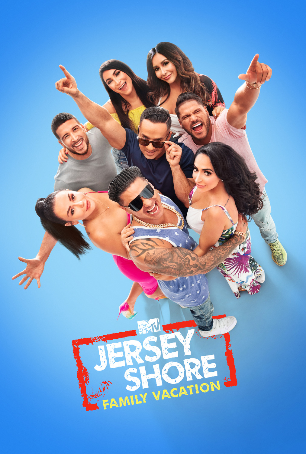 Jersey Shore Family Vacation cast posing in matching track suits.