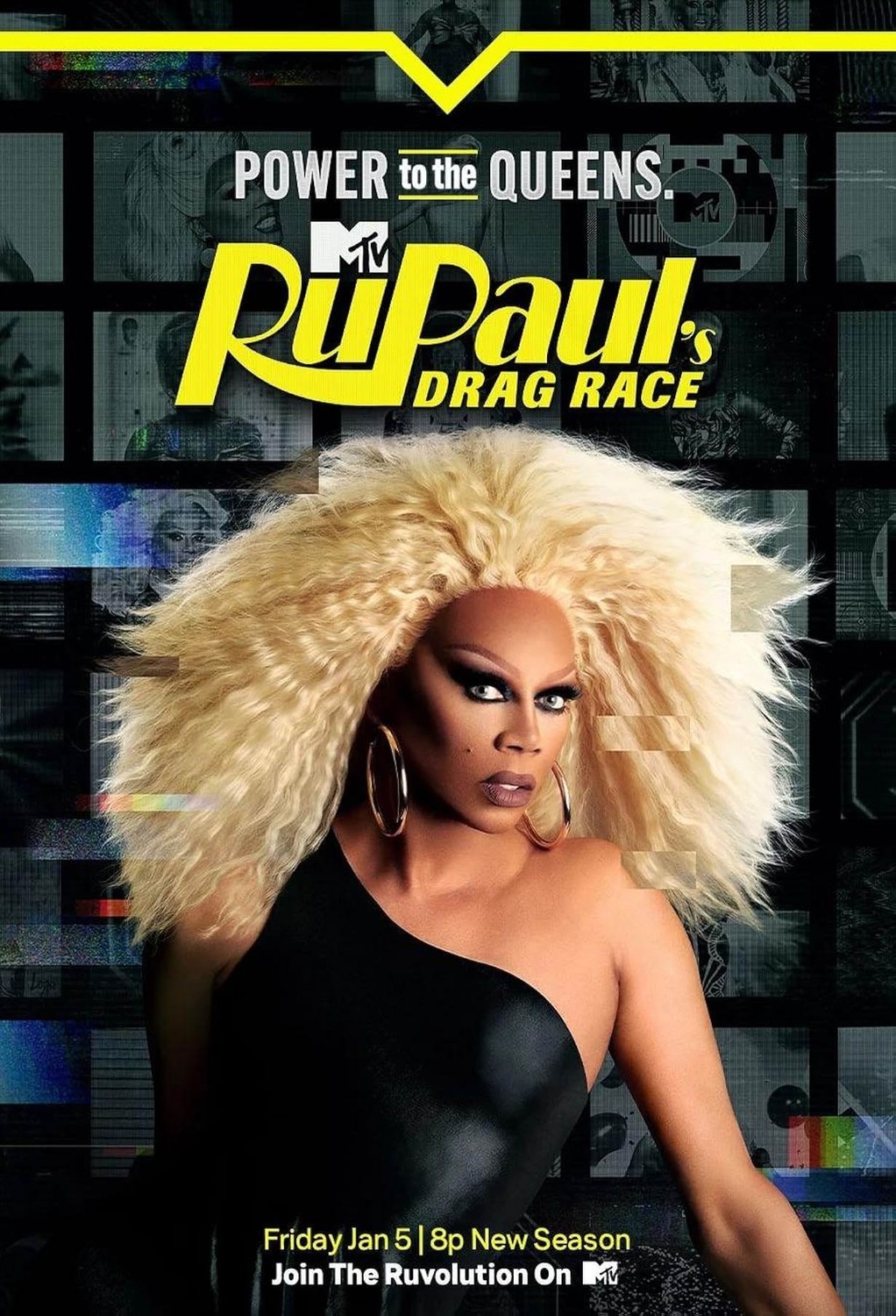 RuPaul in a sparkling gown flanked by Drag Race contestants.
